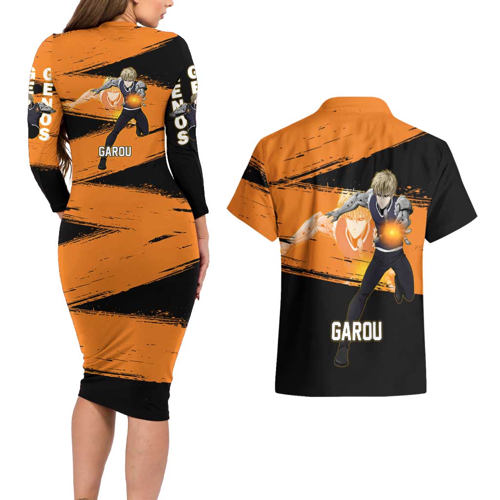 Genos One Punch Man Anime Orange and Black Theme Couples Matching Long Sleeve Bodycon Dress and Hawaiian Shirt with Cyborg Arm Blast and Intense Action Pose - The Mazicc