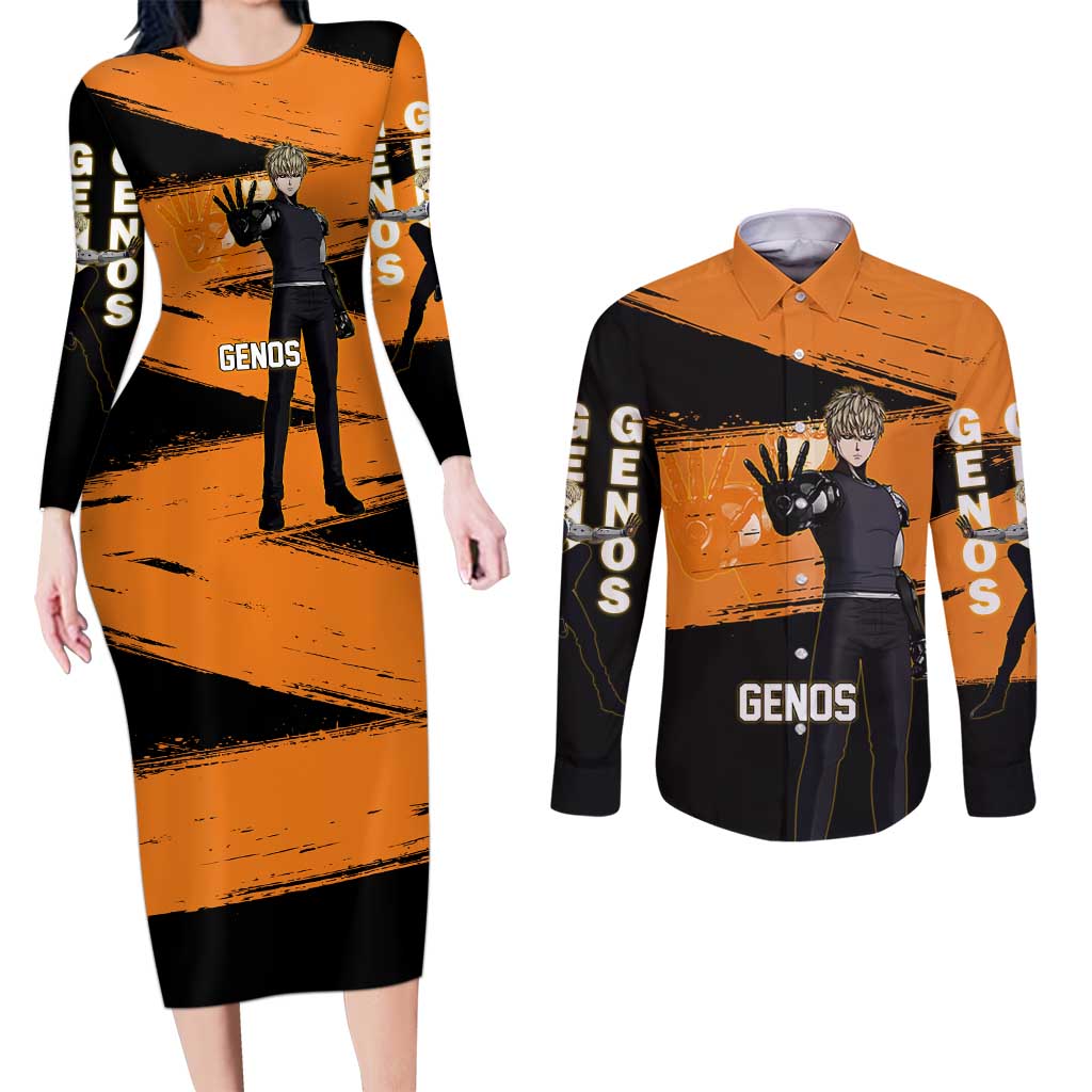 Genos One Punch Man Anime Orange and Black Theme Couples Matching Long Sleeve Bodycon Dress and Long Sleeve Button Shirt with Cyborg Arm Blast and Intense Action Pose - The Mazicc