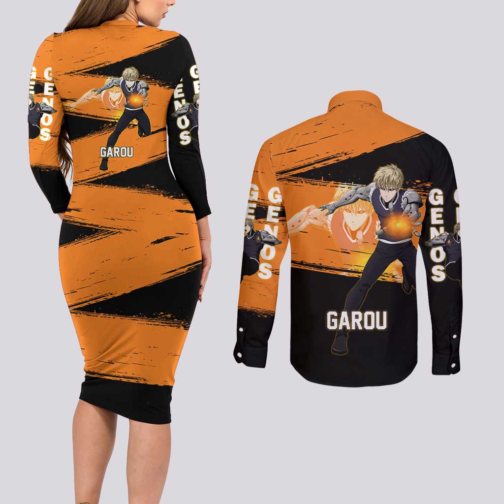 Genos One Punch Man Anime Orange and Black Theme Couples Matching Long Sleeve Bodycon Dress and Long Sleeve Button Shirt with Cyborg Arm Blast and Intense Action Pose - The Mazicc