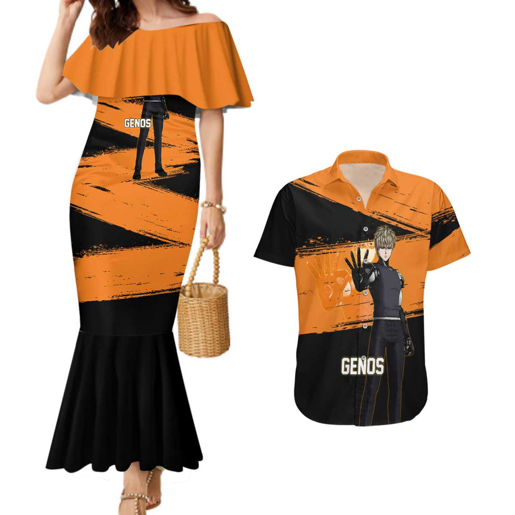 Genos One Punch Man Anime Orange and Black Theme Couples Matching Mermaid Dress and Hawaiian Shirt with Cyborg Arm Blast and Intense Action Pose - The Mazicc