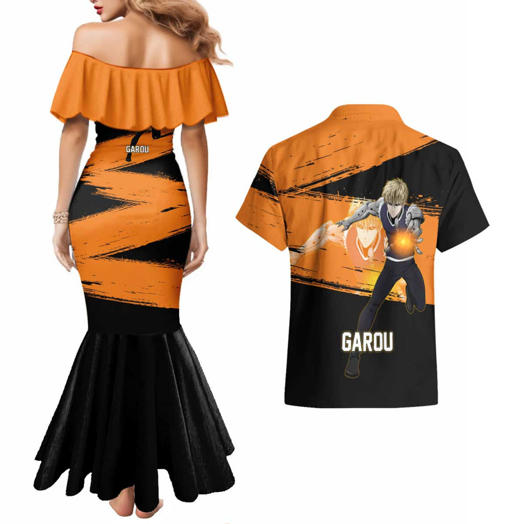 Genos One Punch Man Anime Orange and Black Theme Couples Matching Mermaid Dress and Hawaiian Shirt with Cyborg Arm Blast and Intense Action Pose - The Mazicc