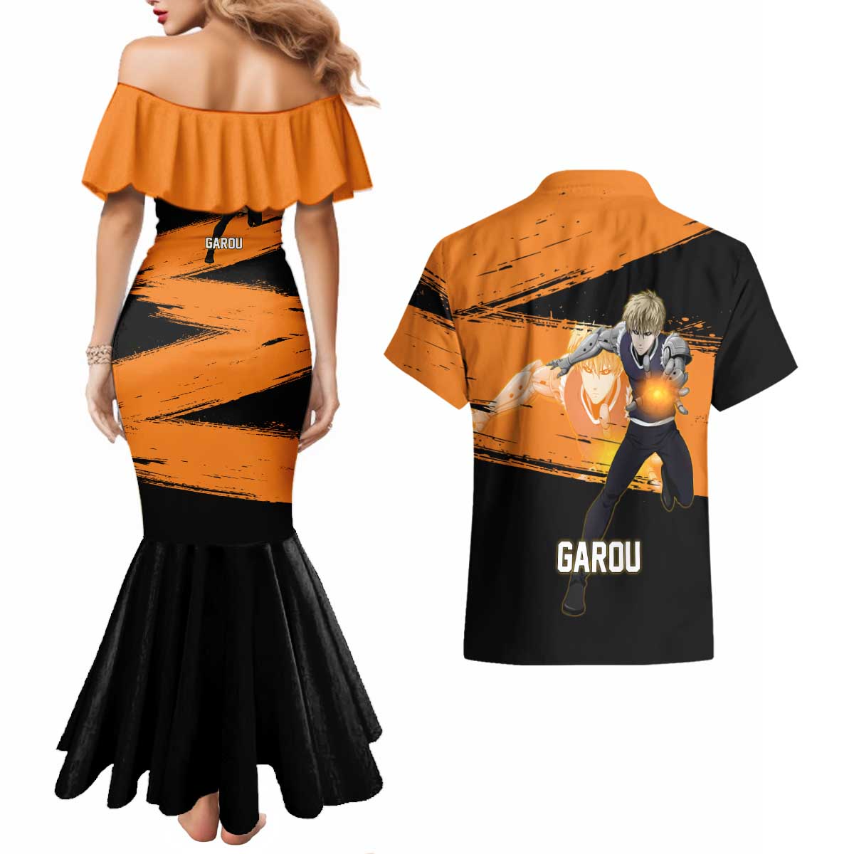 Genos One Punch Man Anime Orange and Black Theme Couples Matching Mermaid Dress and Hawaiian Shirt with Cyborg Arm Blast and Intense Action Pose - The Mazicc