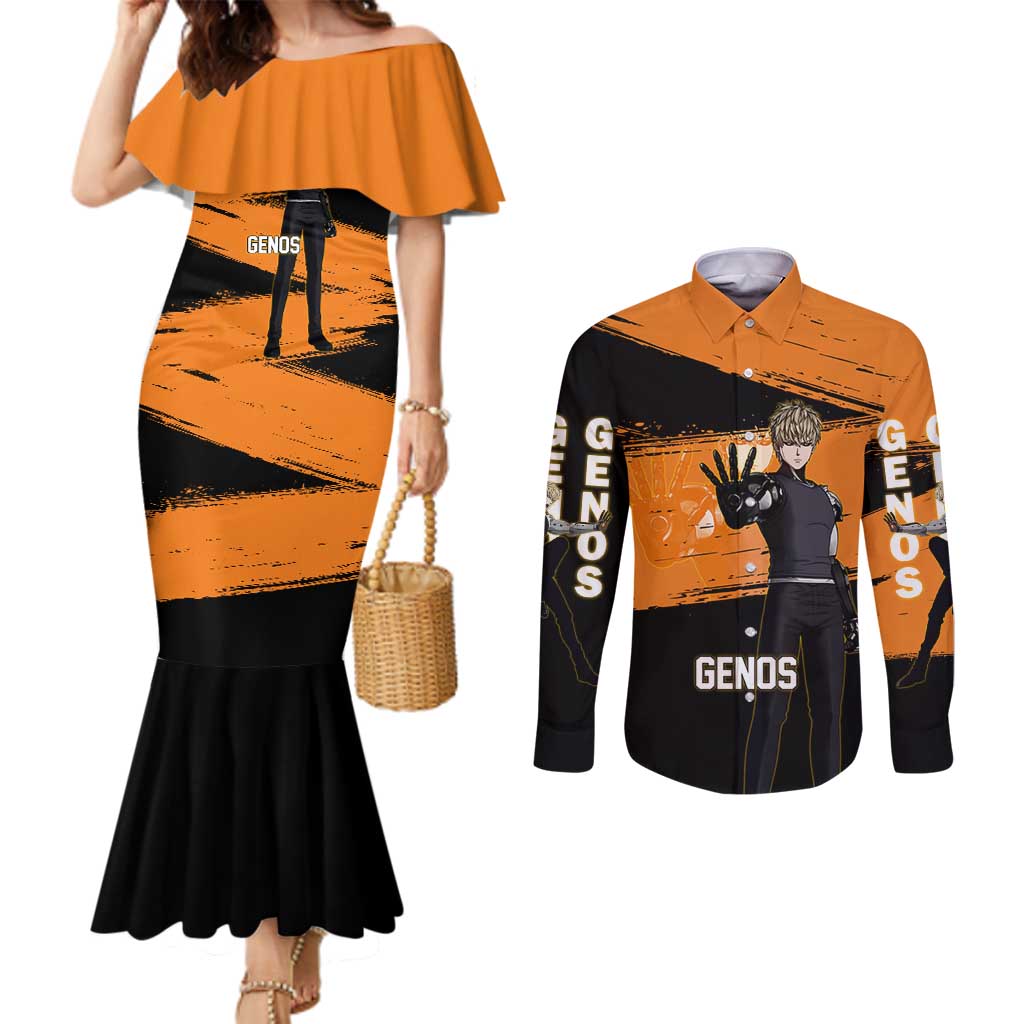 Genos One Punch Man Anime Orange and Black Theme Couples Matching Mermaid Dress and Long Sleeve Button Shirt with Cyborg Arm Blast and Intense Action Pose - The Mazicc