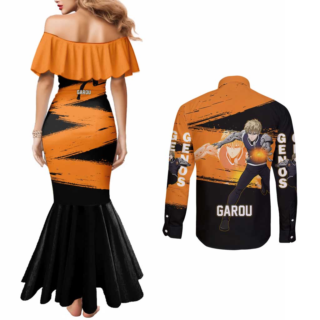 Genos One Punch Man Anime Orange and Black Theme Couples Matching Mermaid Dress and Long Sleeve Button Shirt with Cyborg Arm Blast and Intense Action Pose - The Mazicc