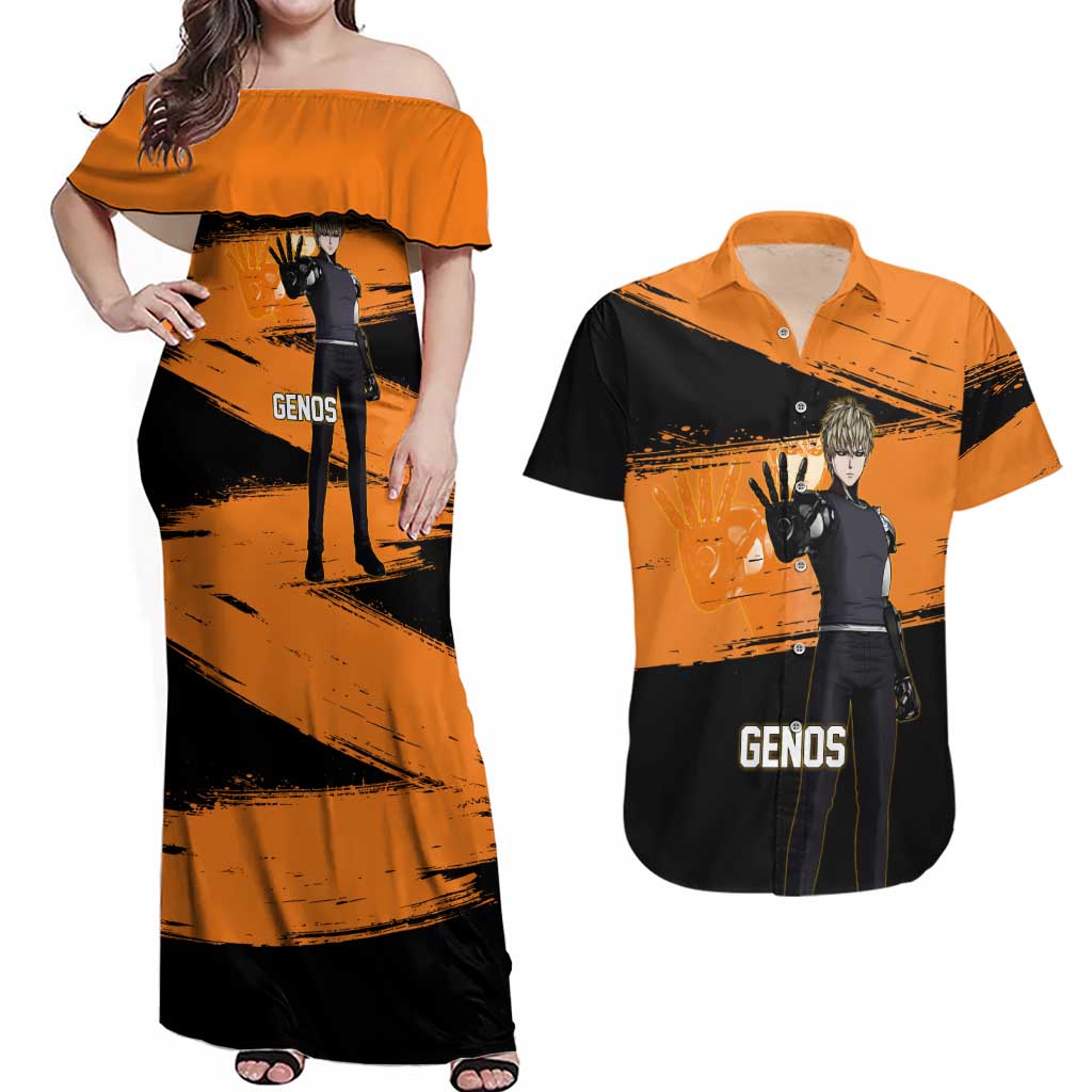 Genos One Punch Man Anime Orange and Black Theme Couples Matching Off Shoulder Maxi Dress and Hawaiian Shirt with Cyborg Arm Blast and Intense Action Pose - The Mazicc