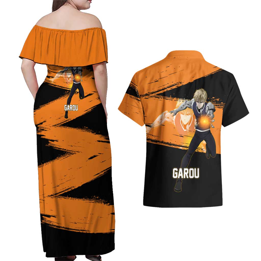 Genos One Punch Man Anime Orange and Black Theme Couples Matching Off Shoulder Maxi Dress and Hawaiian Shirt with Cyborg Arm Blast and Intense Action Pose - The Mazicc