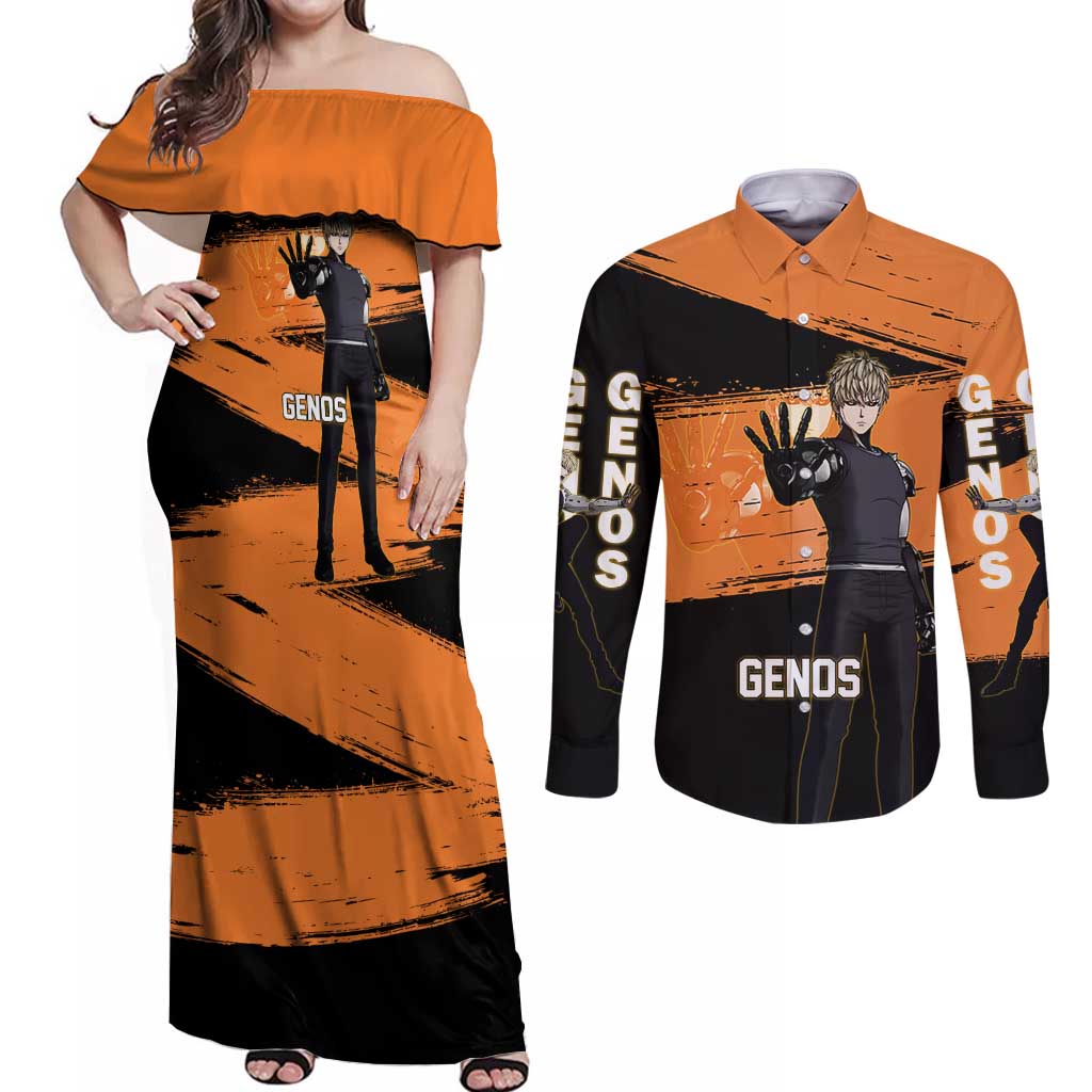 Genos One Punch Man Anime Orange and Black Theme Couples Matching Off Shoulder Maxi Dress and Long Sleeve Button Shirt with Cyborg Arm Blast and Intense Action Pose - The Mazicc