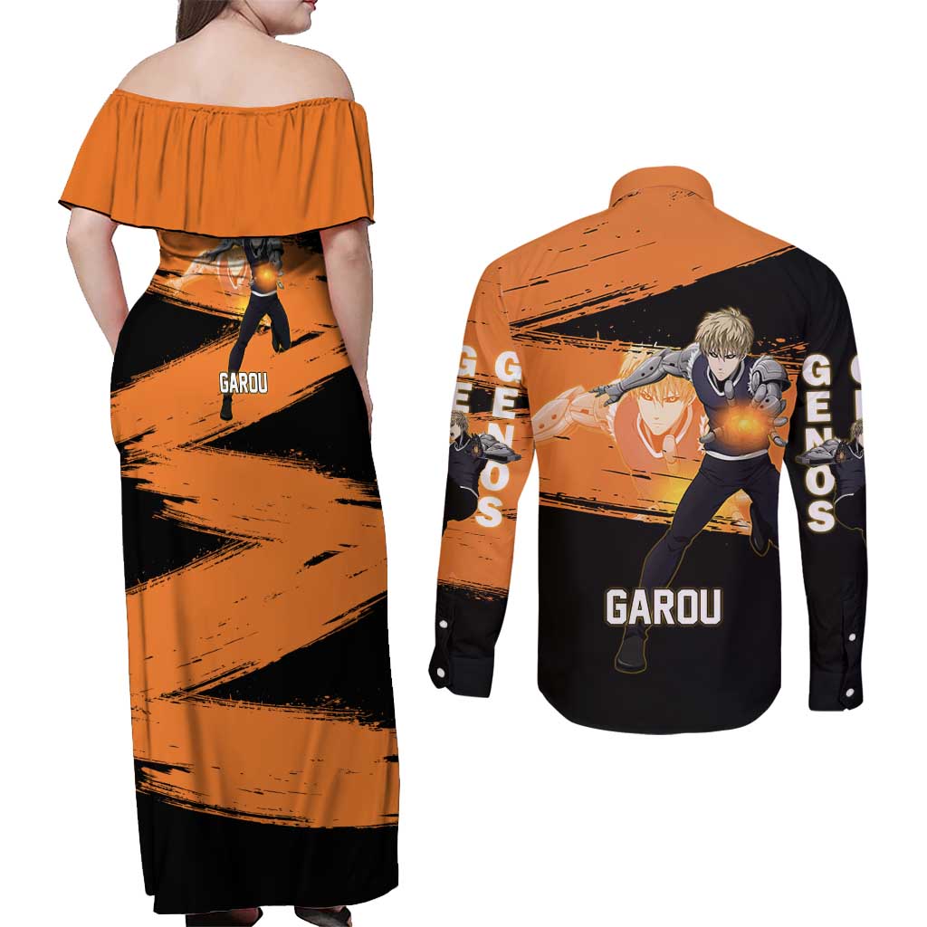 Genos One Punch Man Anime Orange and Black Theme Couples Matching Off Shoulder Maxi Dress and Long Sleeve Button Shirt with Cyborg Arm Blast and Intense Action Pose - The Mazicc