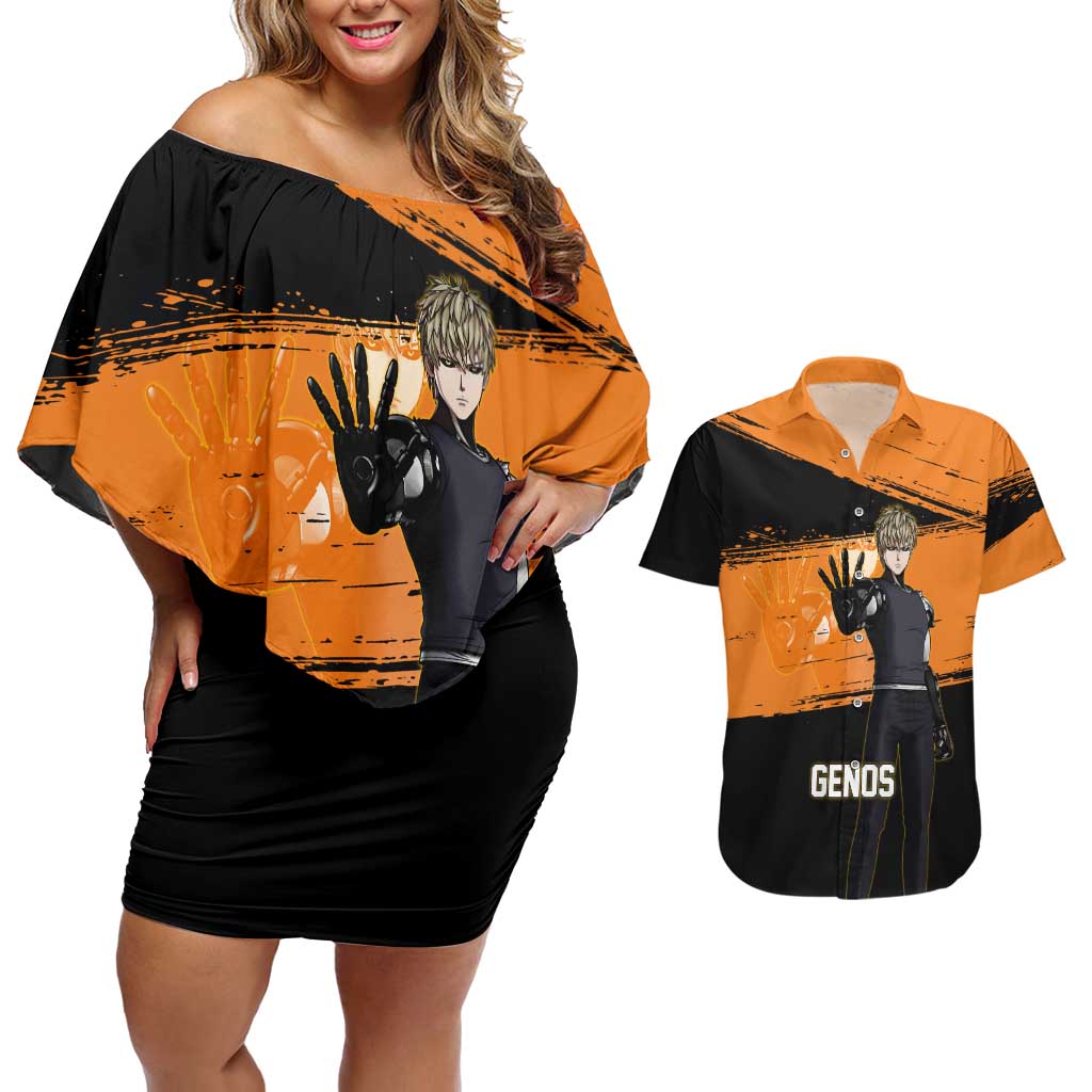Genos One Punch Man Anime Orange and Black Theme Couples Matching Off Shoulder Short Dress and Hawaiian Shirt with Cyborg Arm Blast and Intense Action Pose - The Mazicc