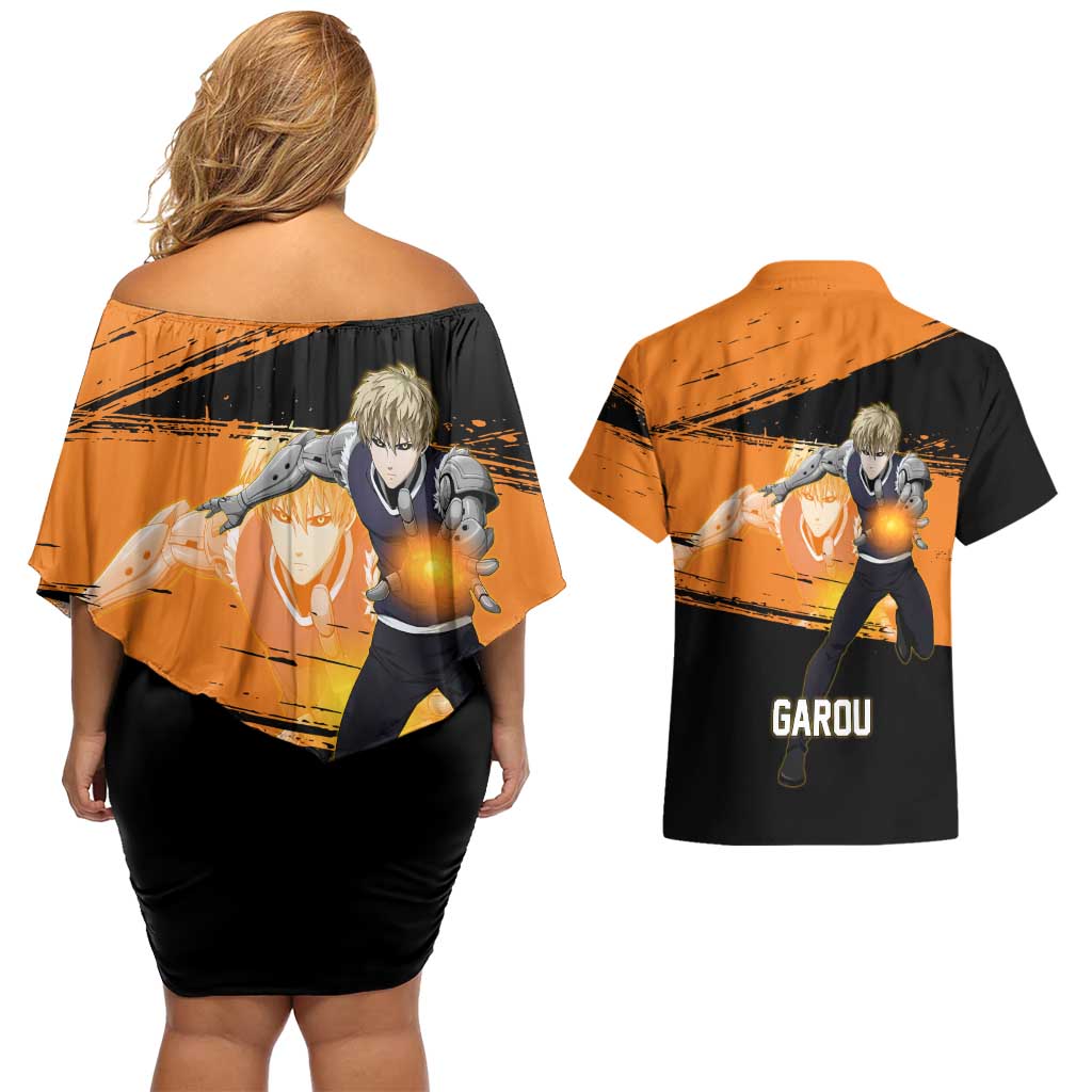 Genos One Punch Man Anime Orange and Black Theme Couples Matching Off Shoulder Short Dress and Hawaiian Shirt with Cyborg Arm Blast and Intense Action Pose - The Mazicc