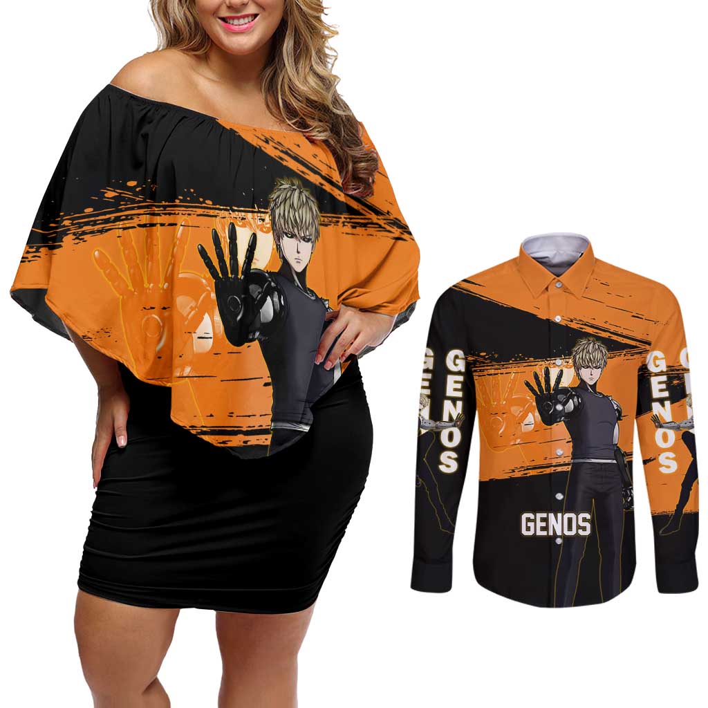 Genos One Punch Man Anime Orange and Black Theme Couples Matching Off Shoulder Short Dress and Long Sleeve Button Shirt with Cyborg Arm Blast and Intense Action Pose - The Mazicc