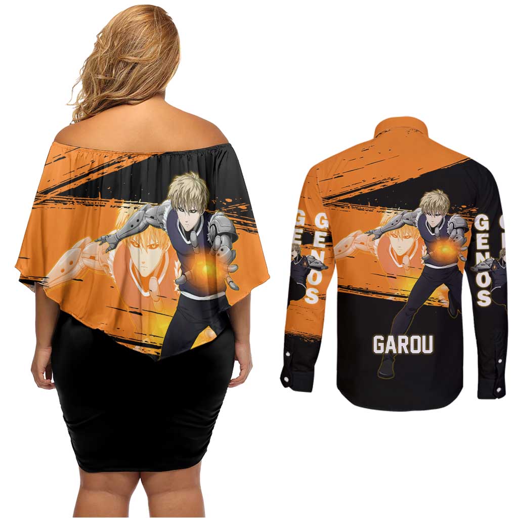 Genos One Punch Man Anime Orange and Black Theme Couples Matching Off Shoulder Short Dress and Long Sleeve Button Shirt with Cyborg Arm Blast and Intense Action Pose - The Mazicc