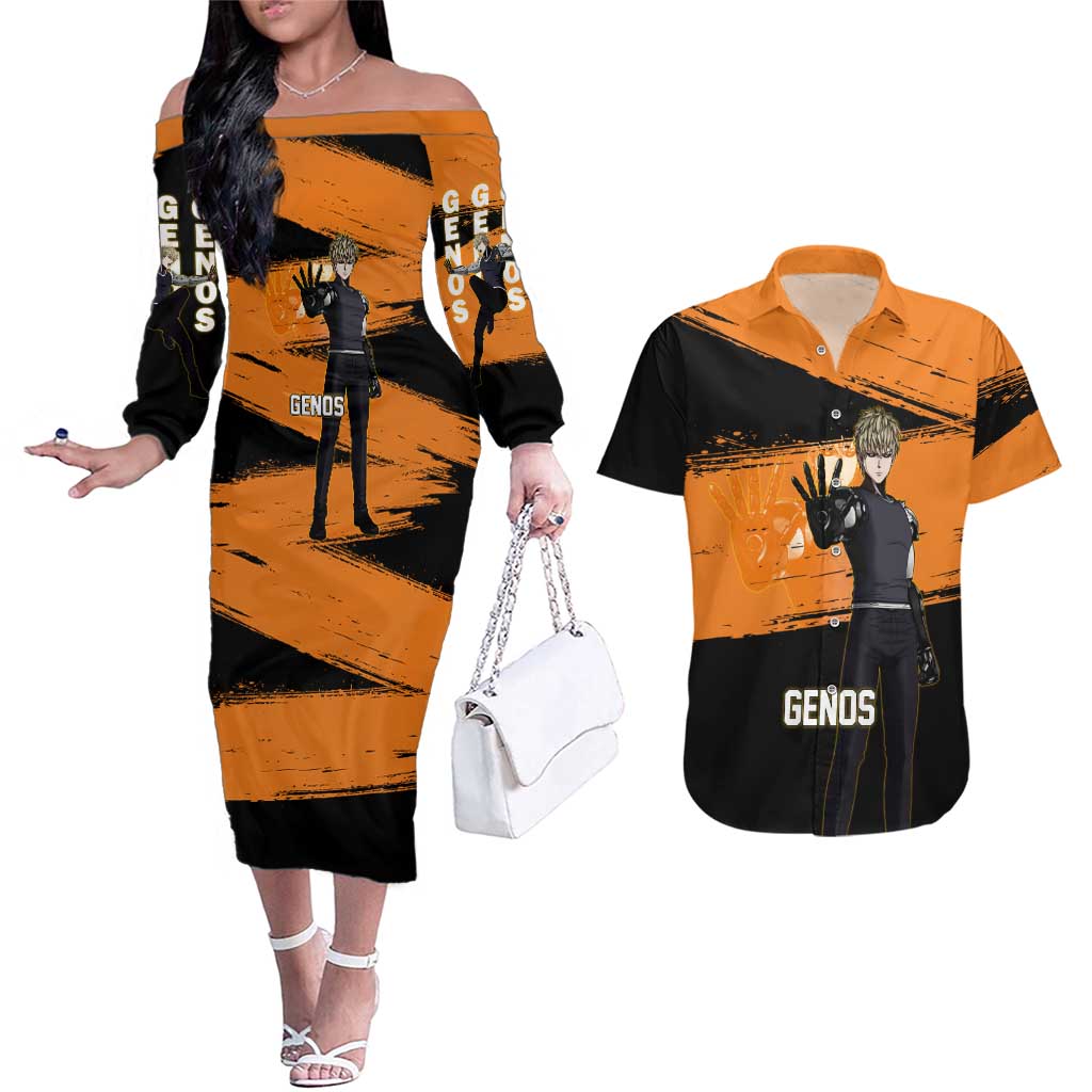 Genos One Punch Man Anime Orange and Black Theme Couples Matching Off The Shoulder Long Sleeve Dress and Hawaiian Shirt with Cyborg Arm Blast and Intense Action Pose - The Mazicc