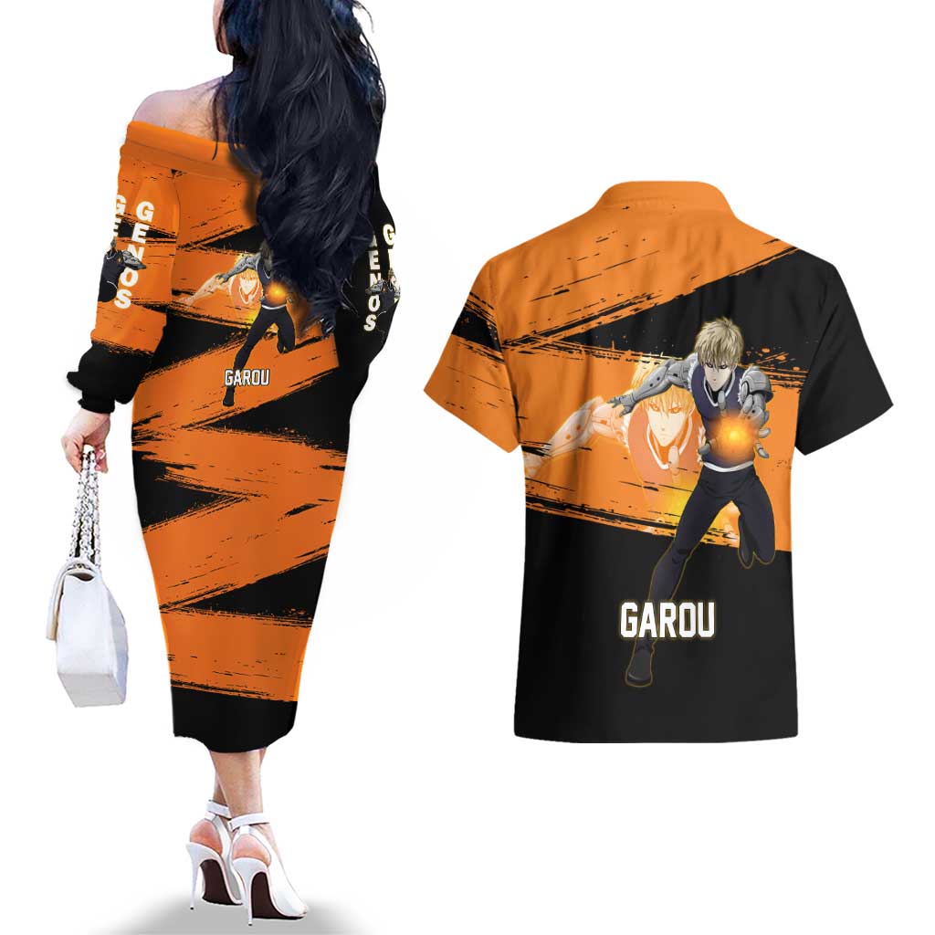 Genos One Punch Man Anime Orange and Black Theme Couples Matching Off The Shoulder Long Sleeve Dress and Hawaiian Shirt with Cyborg Arm Blast and Intense Action Pose - The Mazicc