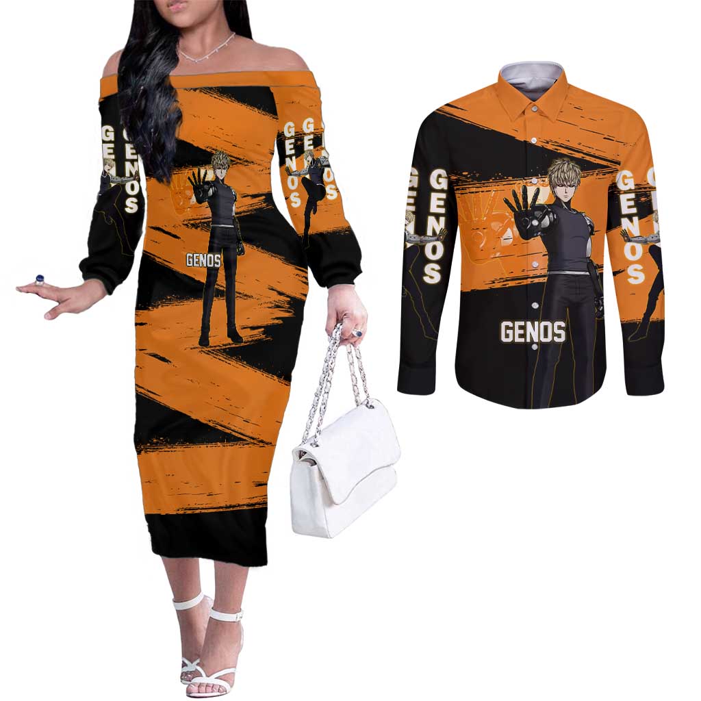 Genos One Punch Man Anime Orange and Black Theme Couples Matching Off The Shoulder Long Sleeve Dress and Long Sleeve Button Shirt with Cyborg Arm Blast and Intense Action Pose - The Mazicc