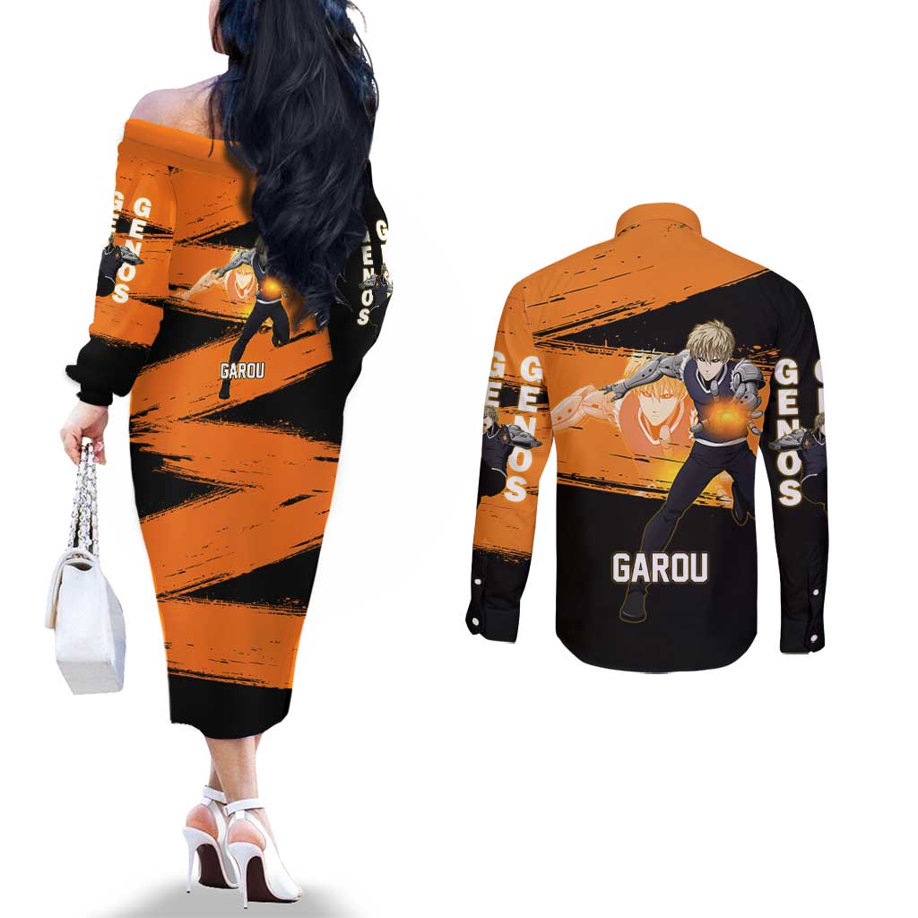 Genos One Punch Man Anime Orange and Black Theme Couples Matching Off The Shoulder Long Sleeve Dress and Long Sleeve Button Shirt with Cyborg Arm Blast and Intense Action Pose - The Mazicc