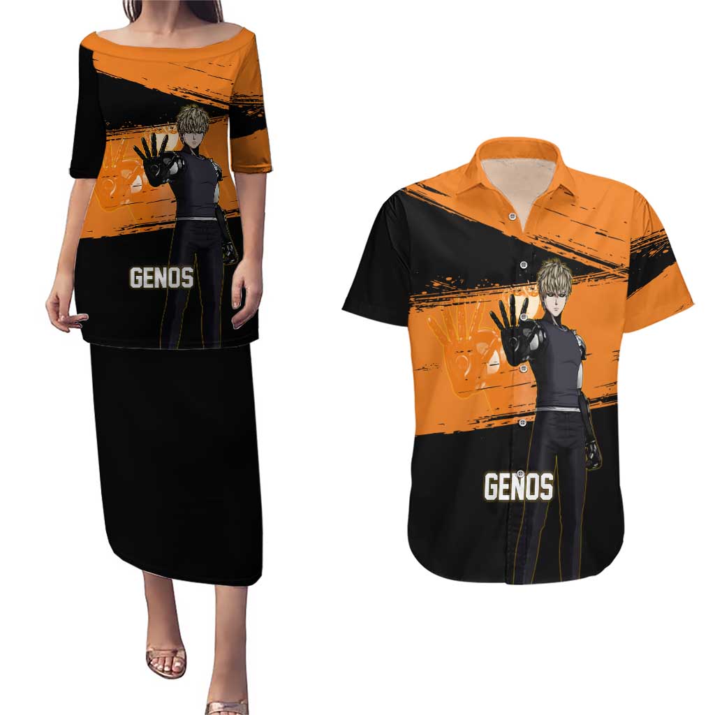 Genos One Punch Man Anime Orange and Black Theme Couples Matching Puletasi and Hawaiian Shirt with Cyborg Arm Blast and Intense Action Pose - The Mazicc