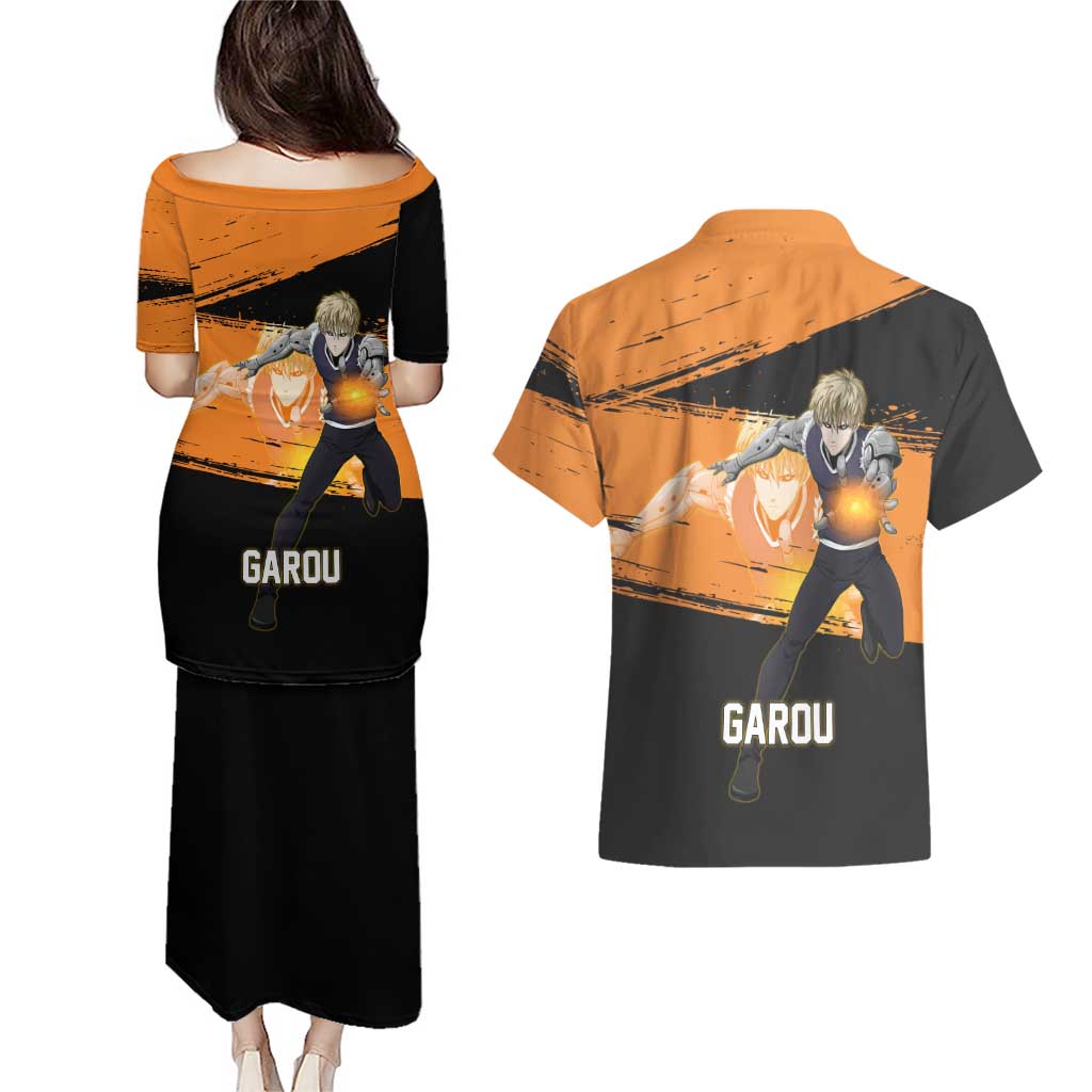 Genos One Punch Man Anime Orange and Black Theme Couples Matching Puletasi and Hawaiian Shirt with Cyborg Arm Blast and Intense Action Pose - The Mazicc