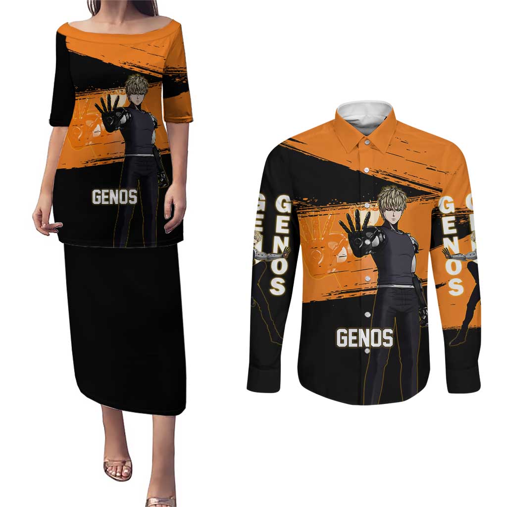 Genos One Punch Man Anime Orange and Black Theme Couples Matching Puletasi and Long Sleeve Button Shirt with Cyborg Arm Blast and Intense Action Pose - The Mazicc
