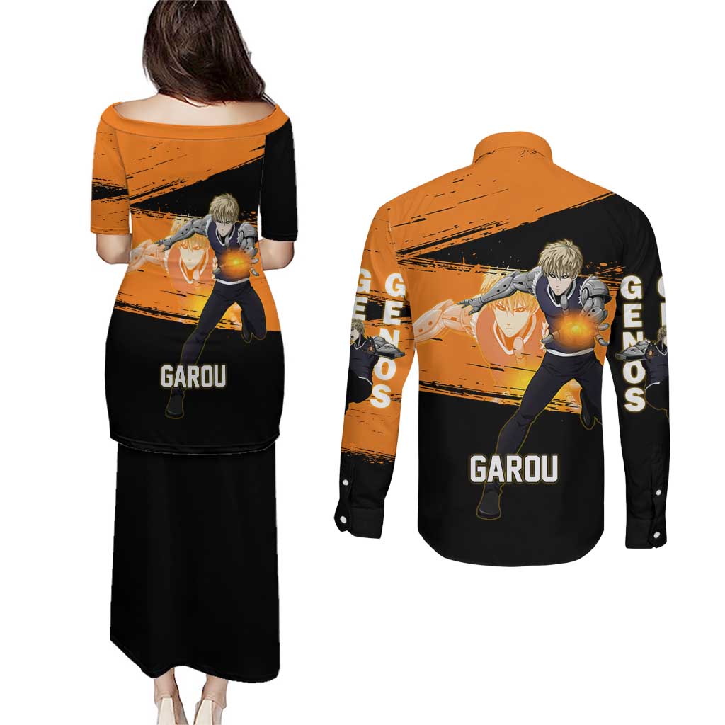 Genos One Punch Man Anime Orange and Black Theme Couples Matching Puletasi and Long Sleeve Button Shirt with Cyborg Arm Blast and Intense Action Pose - The Mazicc
