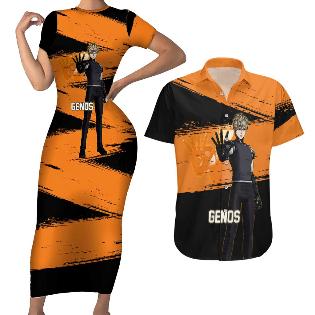 Genos One Punch Man Anime Orange and Black Theme Couples Matching Short Sleeve Bodycon Dress and Hawaiian Shirt with Cyborg Arm Blast and Intense Action Pose - The Mazicc