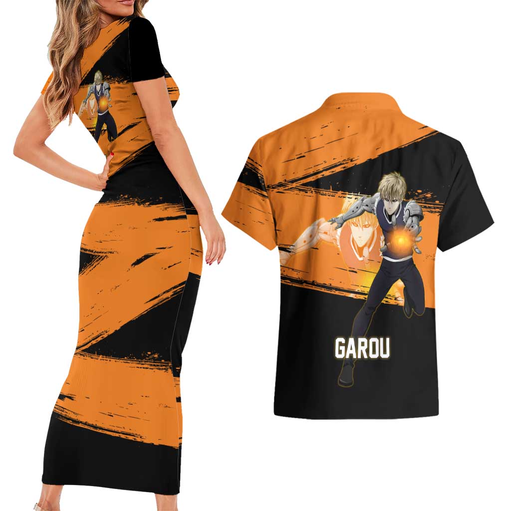 Genos One Punch Man Anime Orange and Black Theme Couples Matching Short Sleeve Bodycon Dress and Hawaiian Shirt with Cyborg Arm Blast and Intense Action Pose - The Mazicc