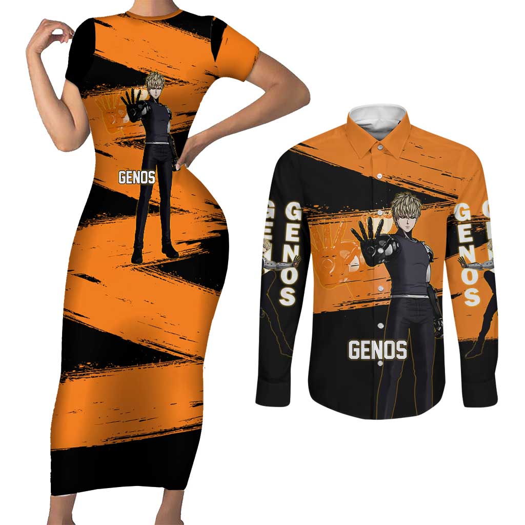 Genos One Punch Man Anime Orange and Black Theme Couples Matching Short Sleeve Bodycon Dress and Long Sleeve Button Shirt with Cyborg Arm Blast and Intense Action Pose - The Mazicc