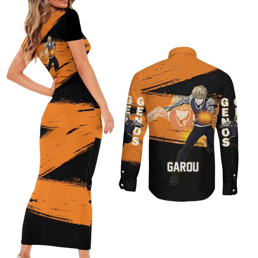 Genos One Punch Man Anime Orange and Black Theme Couples Matching Short Sleeve Bodycon Dress and Long Sleeve Button Shirt with Cyborg Arm Blast and Intense Action Pose - The Mazicc