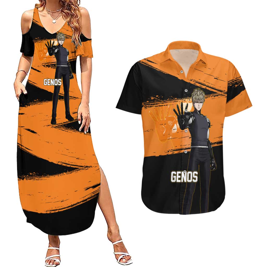 Genos One Punch Man Anime Orange and Black Theme Couples Matching Summer Maxi Dress and Hawaiian Shirt with Cyborg Arm Blast and Intense Action Pose - The Mazicc