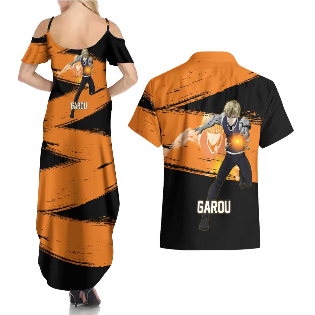 Genos One Punch Man Anime Orange and Black Theme Couples Matching Summer Maxi Dress and Hawaiian Shirt with Cyborg Arm Blast and Intense Action Pose - The Mazicc