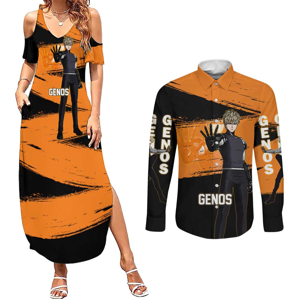 Genos One Punch Man Anime Orange and Black Theme Couples Matching Summer Maxi Dress and Long Sleeve Button Shirt with Cyborg Arm Blast and Intense Action Pose - The Mazicc