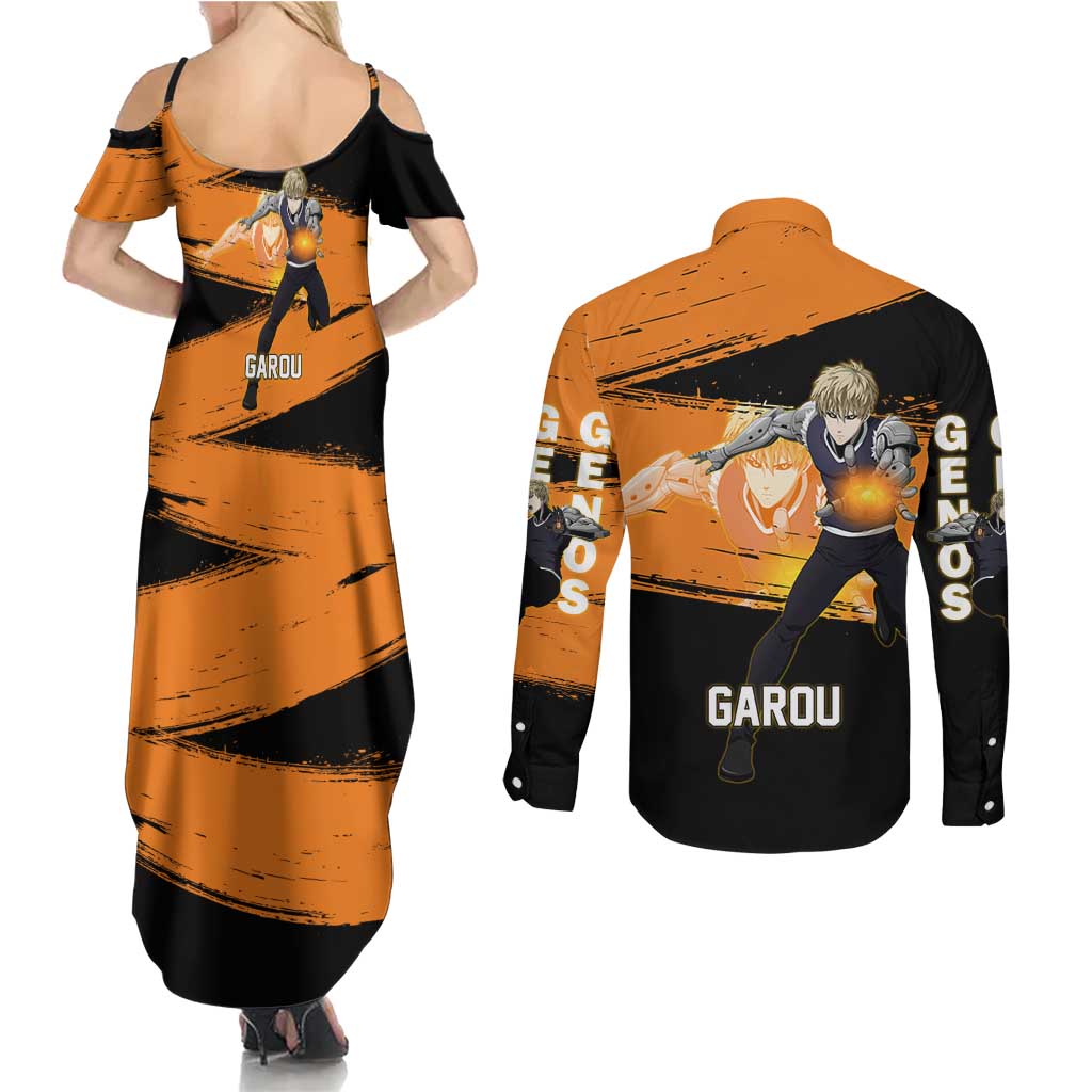 Genos One Punch Man Anime Orange and Black Theme Couples Matching Summer Maxi Dress and Long Sleeve Button Shirt with Cyborg Arm Blast and Intense Action Pose - The Mazicc