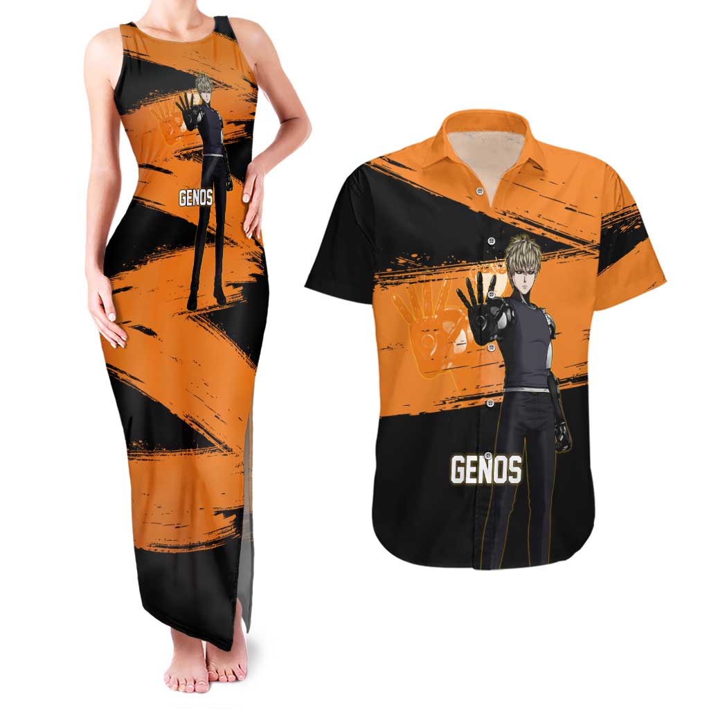 Genos One Punch Man Anime Orange and Black Theme Couples Matching Tank Maxi Dress and Hawaiian Shirt with Cyborg Arm Blast and Intense Action Pose - The Mazicc