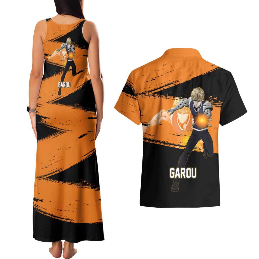 Genos One Punch Man Anime Orange and Black Theme Couples Matching Tank Maxi Dress and Hawaiian Shirt with Cyborg Arm Blast and Intense Action Pose - The Mazicc