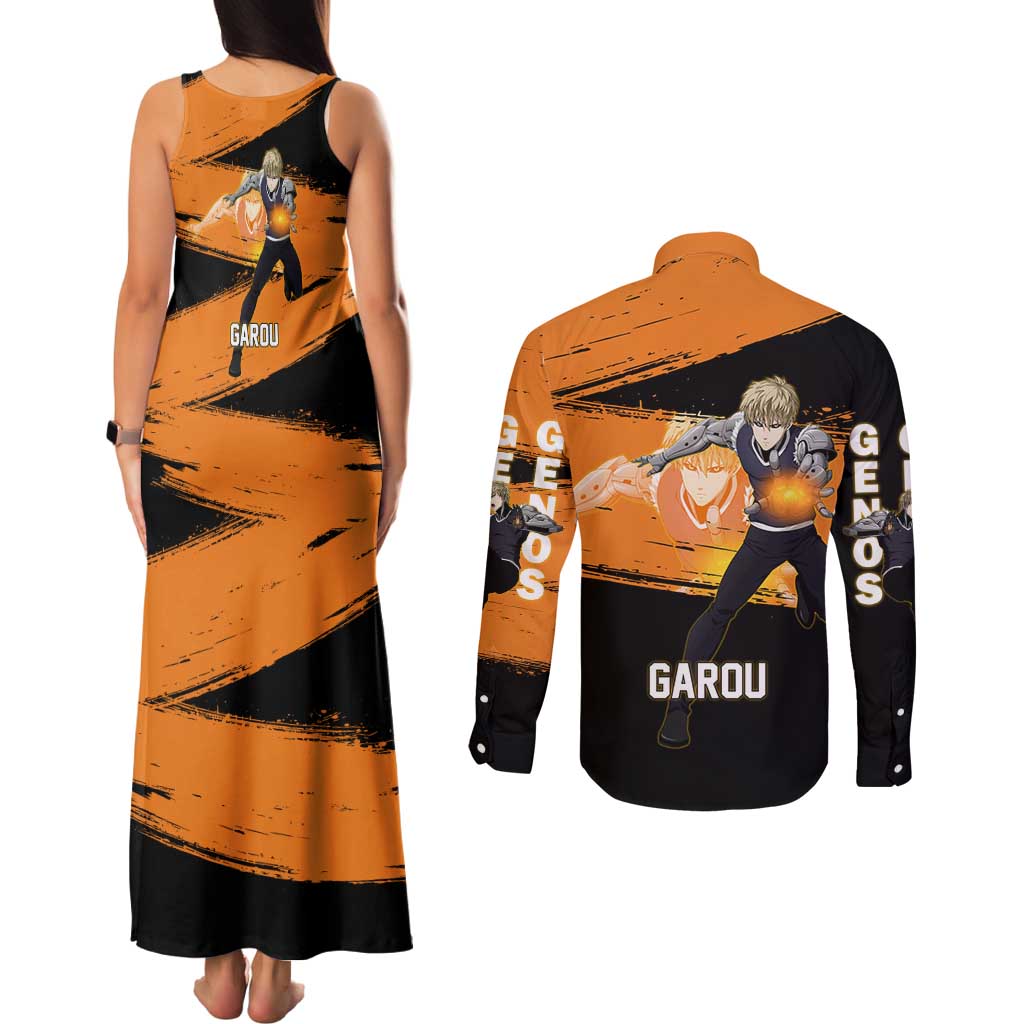 Genos One Punch Man Anime Orange and Black Theme Couples Matching Tank Maxi Dress and Long Sleeve Button Shirt with Cyborg Arm Blast and Intense Action Pose - The Mazicc