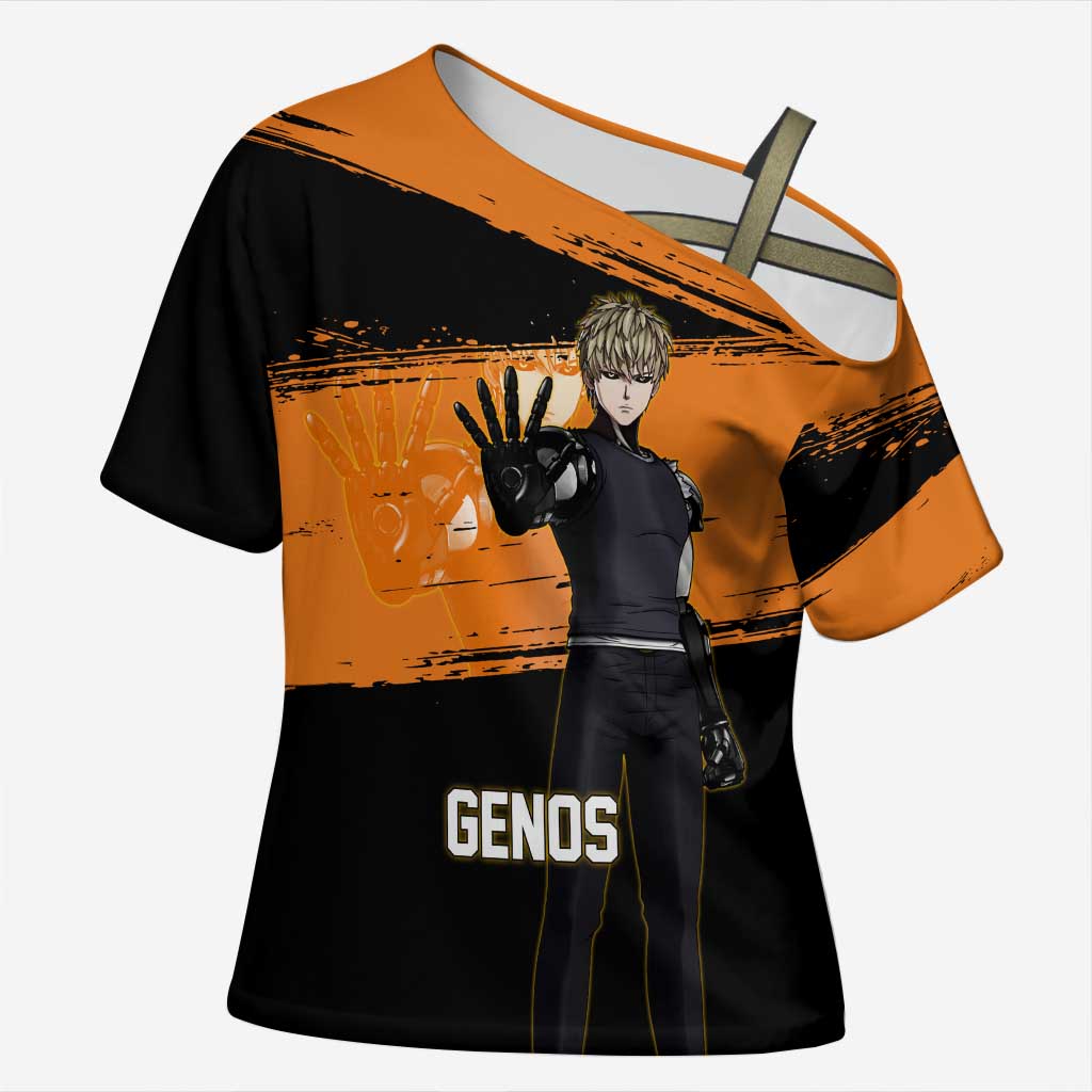 Genos One Punch Man Anime Orange and Black Theme Cross Shoulder Shirt with Cyborg Arm Blast and Intense Action Pose - The Mazicc