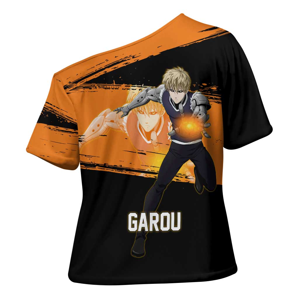 Genos One Punch Man Anime Orange and Black Theme Cross Shoulder Shirt with Cyborg Arm Blast and Intense Action Pose - The Mazicc