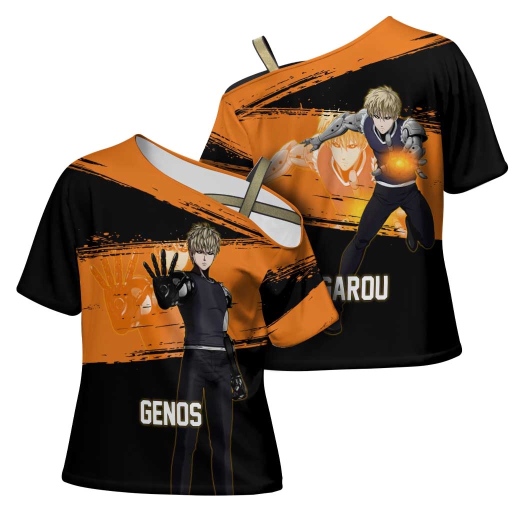 Genos One Punch Man Anime Orange and Black Theme Cross Shoulder Shirt with Cyborg Arm Blast and Intense Action Pose - The Mazicc