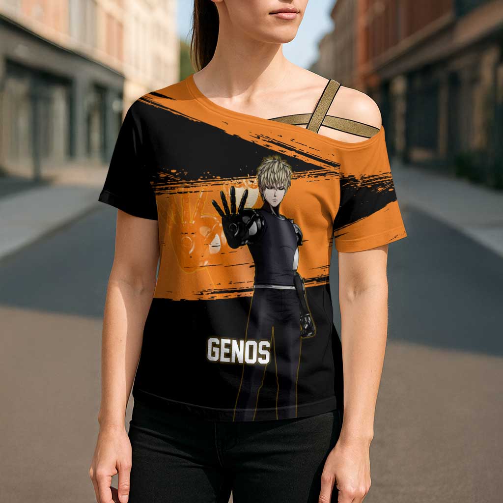 Genos One Punch Man Anime Orange and Black Theme Cross Shoulder Shirt with Cyborg Arm Blast and Intense Action Pose - The Mazicc