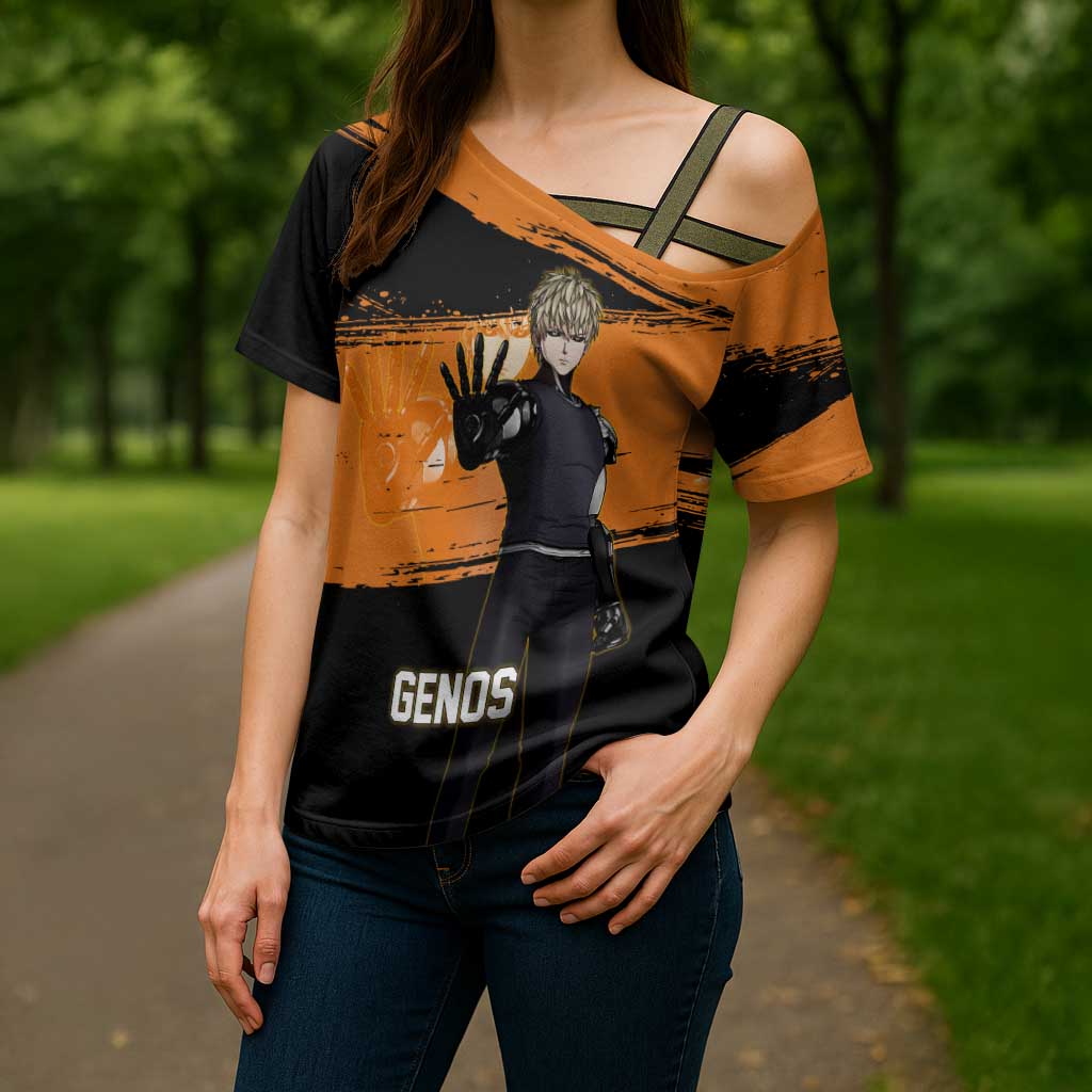 Genos One Punch Man Anime Orange and Black Theme Cross Shoulder Shirt with Cyborg Arm Blast and Intense Action Pose - The Mazicc