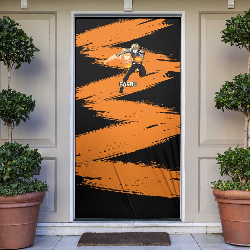 Genos One Punch Man Anime Orange and Black Theme Door Cover with Cyborg Arm Blast and Intense Action Pose - The Mazicc