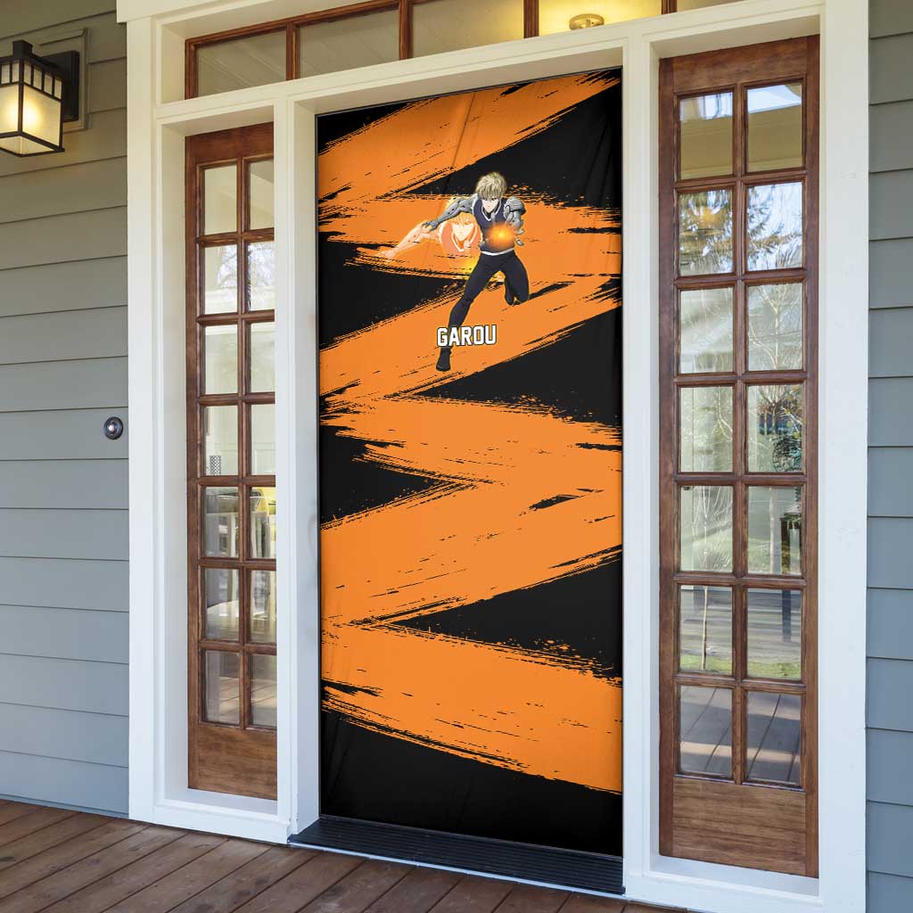 Genos One Punch Man Anime Orange and Black Theme Door Cover with Cyborg Arm Blast and Intense Action Pose - The Mazicc