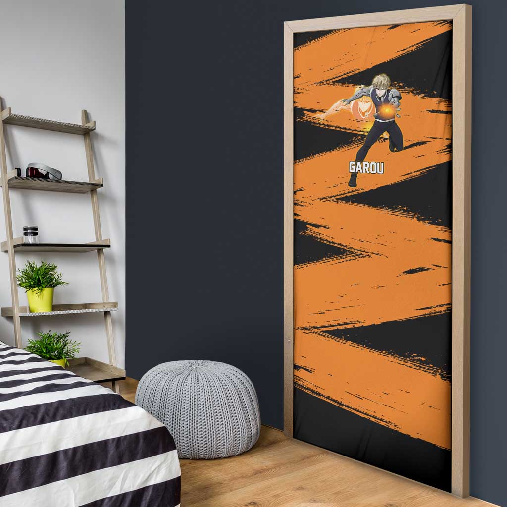 Genos One Punch Man Anime Orange and Black Theme Door Cover with Cyborg Arm Blast and Intense Action Pose - The Mazicc