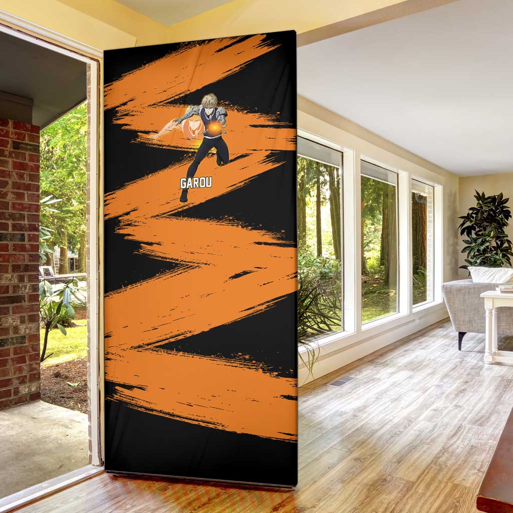 Genos One Punch Man Anime Orange and Black Theme Door Cover with Cyborg Arm Blast and Intense Action Pose - The Mazicc