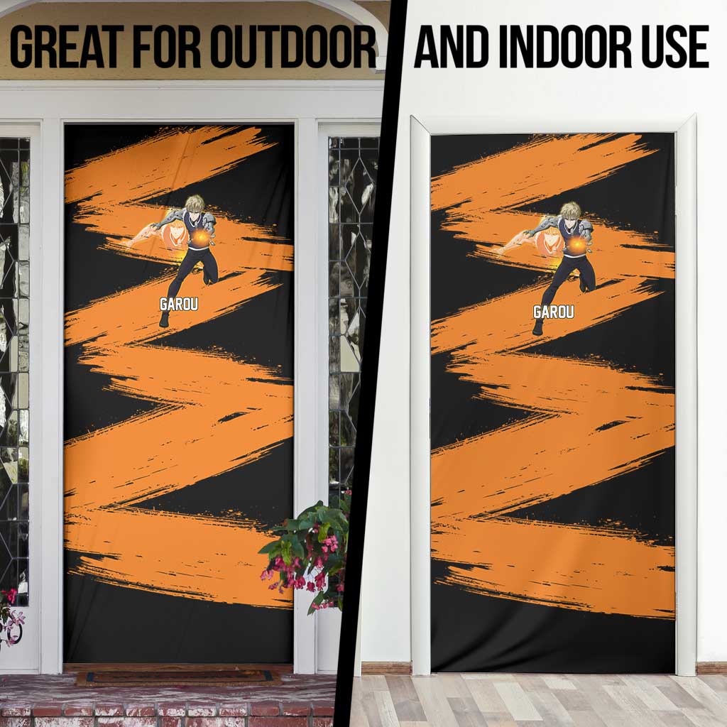 Genos One Punch Man Anime Orange and Black Theme Door Cover with Cyborg Arm Blast and Intense Action Pose - The Mazicc