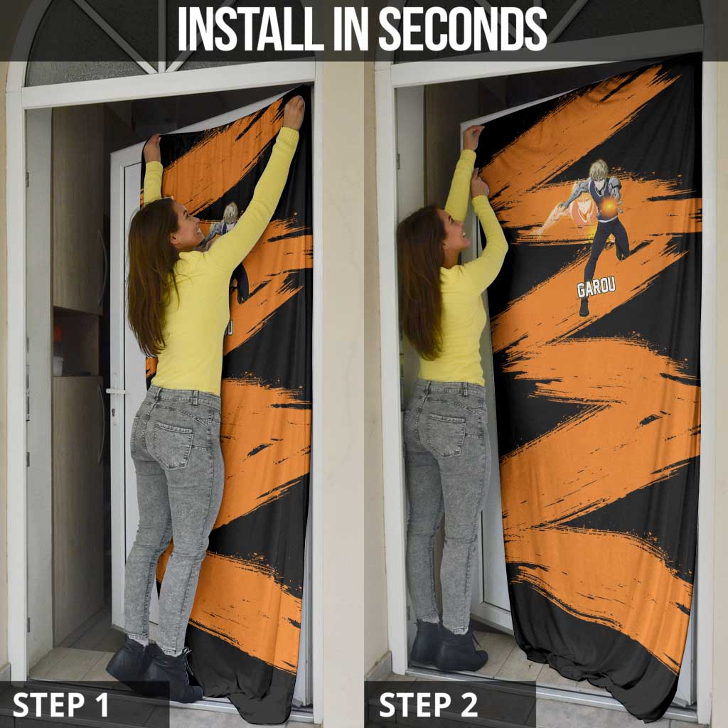 Genos One Punch Man Anime Orange and Black Theme Door Cover with Cyborg Arm Blast and Intense Action Pose - The Mazicc