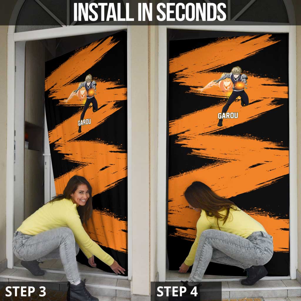 Genos One Punch Man Anime Orange and Black Theme Door Cover with Cyborg Arm Blast and Intense Action Pose - The Mazicc