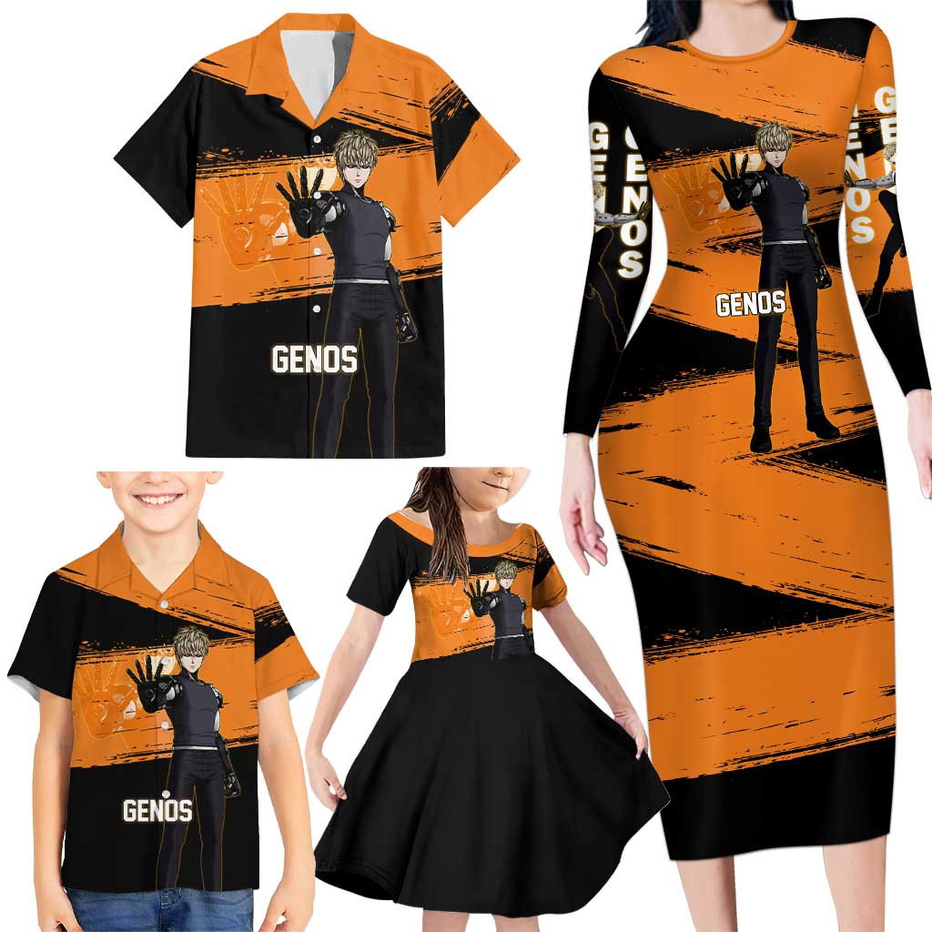 Genos One Punch Man Anime Orange and Black Theme Family Matching Long Sleeve Bodycon Dress and Hawaiian Shirt with Cyborg Arm Blast and Intense Action Pose