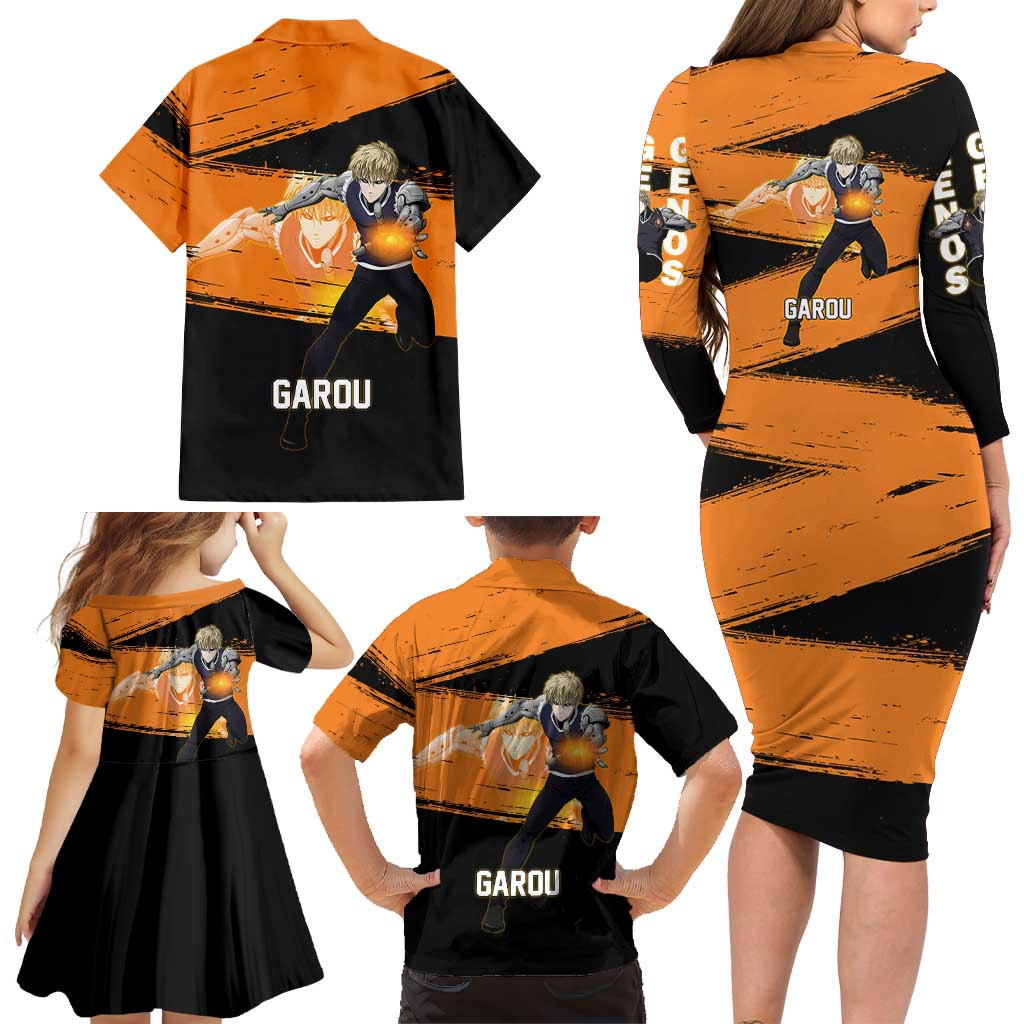 Genos One Punch Man Anime Orange and Black Theme Family Matching Long Sleeve Bodycon Dress and Hawaiian Shirt with Cyborg Arm Blast and Intense Action Pose