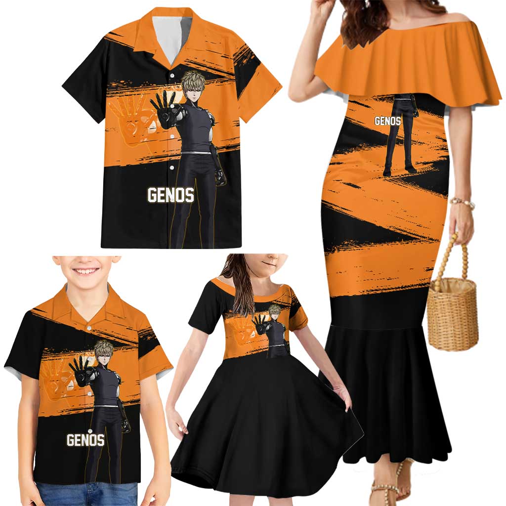 Genos One Punch Man Anime Orange and Black Theme Family Matching Mermaid Dress and Hawaiian Shirt with Cyborg Arm Blast and Intense Action Pose